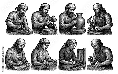 Artisan techniques: woodworking, pottery, and weaving in vintage style engraving