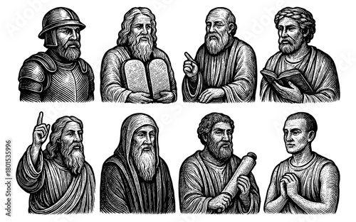 Engraved historical figures collection featuring ancient philosophers and biblical prophets