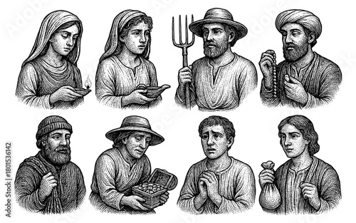 Engraving style medieval figures: diverse portraits and professions