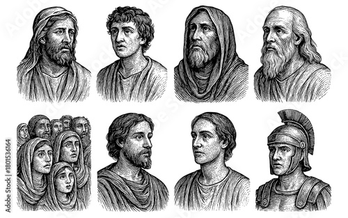 Classical style engravings of ancient roman and greek figures in detailed design