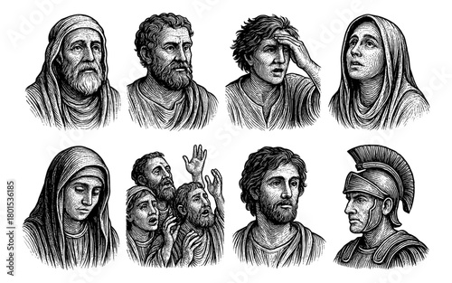 Engraved antique portraits of historical figures in detailed monochrome style