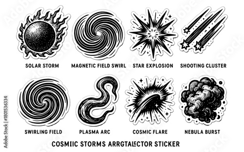 Cosmic storms sticker set featuring sun, swirls, shooting stars, and more in bold black and white design