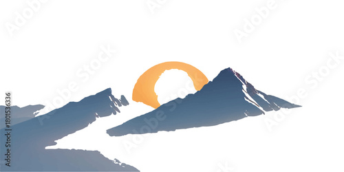 Vector illustration of a snowy winter mountain landscape with high peaks, sun, and cold alpine sky panorama