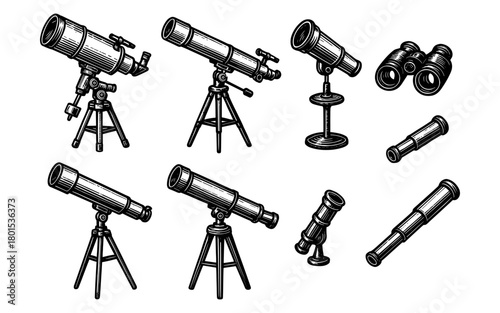 Collection of vintage telescopes and binoculars in classic engraving style
