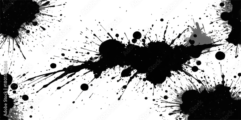 Obraz premium Black ink splat and splash texture design, grunge vector illustration background with drip stain and drop pattern border