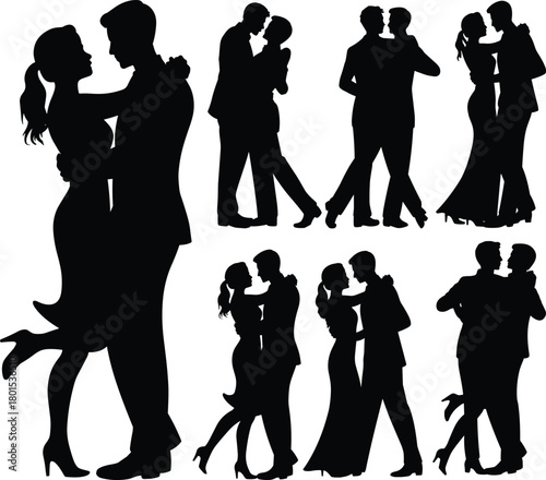 Dancing couple silhouette set, romantic ballroom poses, black vector illustration, graceful movement, partner dance design, elegant motion sketch