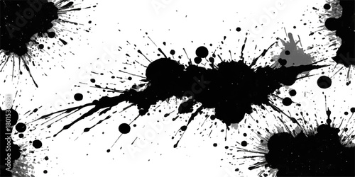 Black ink splat and splash texture design, grunge vector illustration background with drip stain and drop pattern border