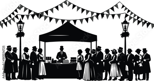 Victorian era market scene silhouette with crowd, festive street decorations, vendor stall, historical costumes and vintage outdoor celebration atmosphere