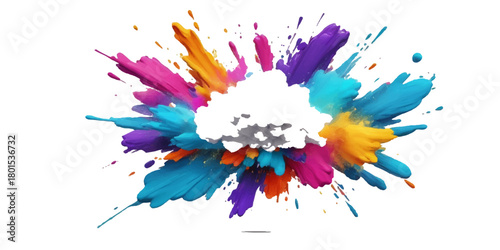 Colorful paint splashes and artistic watercolor drops create a vibrant design pattern on a white background