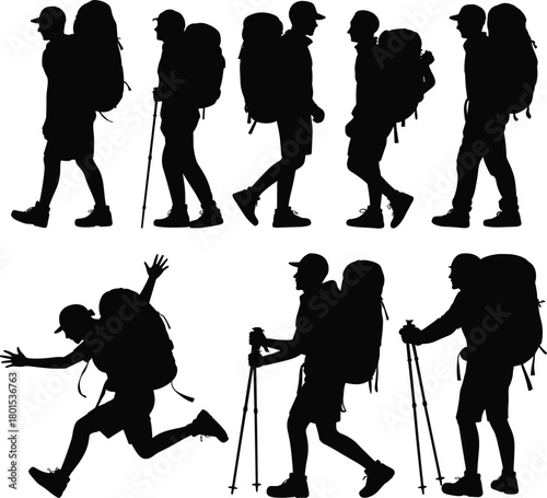 Hiker silhouette set, trekking poses with backpack and cap, black vector illustration, outdoor motion design, adventure walking sketch