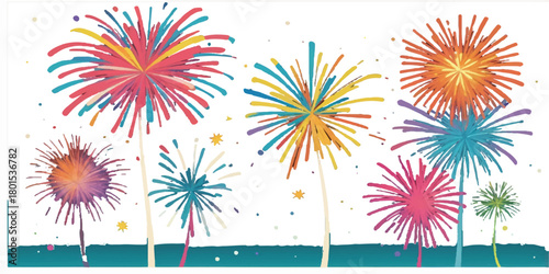 Colorful flower and star vector illustration of a bright holiday fireworks celebration design in the night sky for a New Year's event