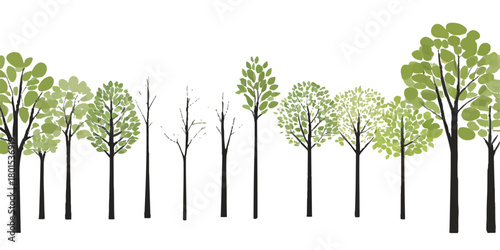 Green tree silhouette vector illustration with isolated leaves, branches, and trunk for nature, spring, and environment concepts