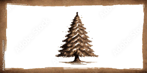 A festive Christmas tree decoration on a rustic wooden background, featuring a glowing star and white winter snow for a merry holiday greeting card design