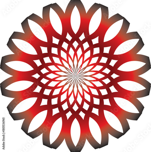 Symmetrical marvel design fiery geometric blossom mandala art dynamic pattern red and white flower inspired bold