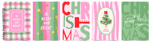 Merry Christmas and Happy New Year greeting card, poster, cover set in trendy hand drawn style. Modern Xmas illustration with doodle Christmas tree, waves, frame and typography design.