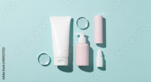 Wallpaper Mural Flat lay of assorted cosmetic containers on a light blue background Torontodigital.ca