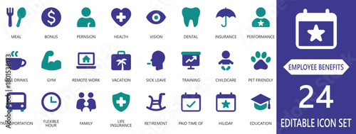 Professional employee benefits  flat vector icon set featuring wellness, insurance, and motivation symbols. Ideal for HR presentations, corporate materials, and business infographics.