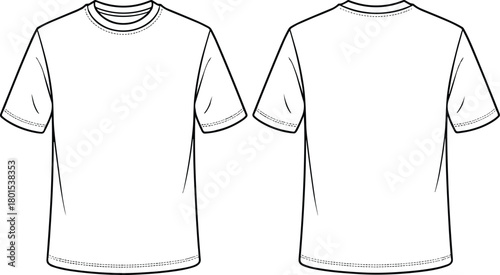 Plain T-shirt technical drawing, front and back views, short sleeves, crew neck design, fashion flat sketch illustration