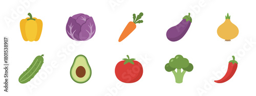 Set of various colorful fresh vegetables, including bell pepper, cabbage, carrot, eggplant, onion, cucumber, avocado, tomato, broccoli, and chili pepper.
