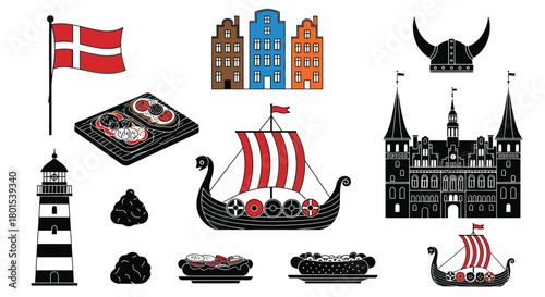 Explore denmark vector icons of culture food and landmarks design