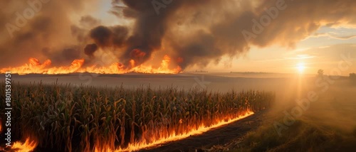 Corn Field Burning, Crop Residue Fire, Rural Farm Landscape, Dramatic Sunset, Aerial Viewpoint, Agricultural Practice, Fiery Environmental Concept