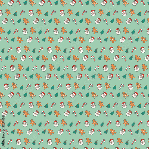 Seamless holiday pattern illustration showcasing the festive cheer of Christmas with icons of Santa, gingerbread, and candy canes