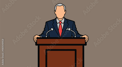 Illustration of a politician speaking at a podium with microphones