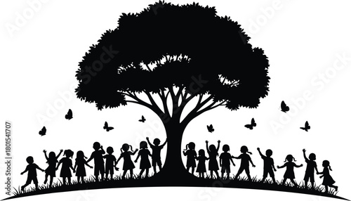 Children, tree, silhouette, nature, unity, joy, play, butterflies, outdoor, community, childhood, happiness, grassy hill, celebration, togetherness, black, illustration, peaceful, environment, bonding