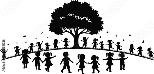 Children playing outdoors, silhouette illustration, nature scene, happy kids, dancing around tree, butterflies flying, grassy hill, childhood joy, environment, unity