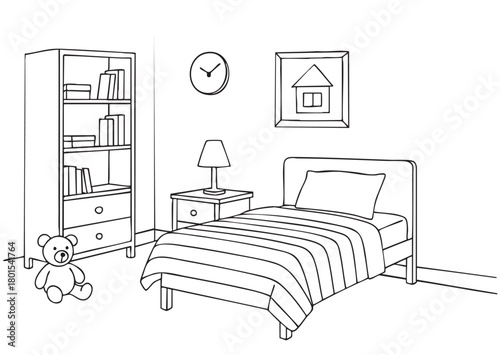 Children room graphic black white home interior sketch illustration vector