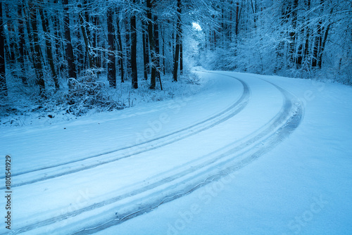 Tire tracks on the road covered with snow in the forest, Nowiny, Poland