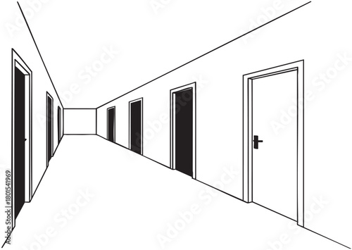Linear sketch in the office or hotel with black doors
