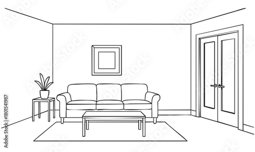 linear sketch living room with doors, sofa, table