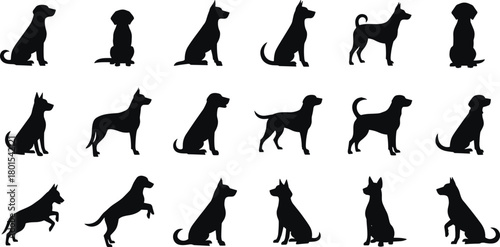 Dog silhouettes, various breeds, pet poses, animal shapes, canine outlines, vector dogs, black silhouettes, dog icons, playful pets, sitting dogs