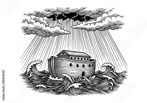 Noah's ark in stormy seas with dramatic clouds and sun rays engraving style