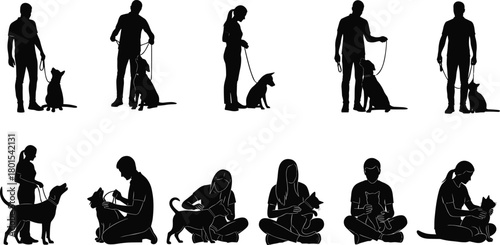 Dog training silhouette, pet care illustration, human dog interaction, obedience practice, leash guidance, feeding moment, playful bonding, animal behavior concept