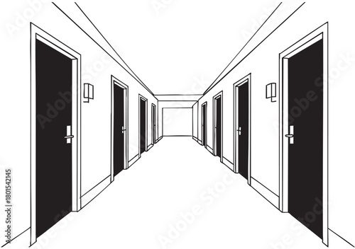 Linear sketch in the office or hotel with black doors