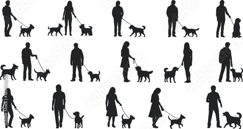 Dog walking silhouettes, people with dogs, pet owner interaction, leash training, outdoor activity, dog lovers, black silhouettes, animal companionship, vector art