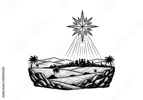 Black ink scene of bethlehem with radiant star and palm trees