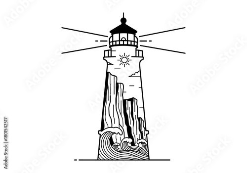 Minimalist lighthouse with waves and sunburst