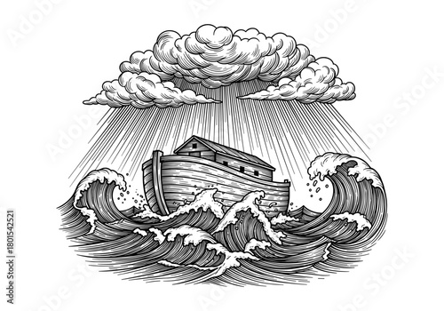 Vintage woodcut ark in stormy waves with dramatic clouds and waves
