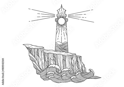 Detailed lighthouse on cliff with waves in vintage hand-drawn style