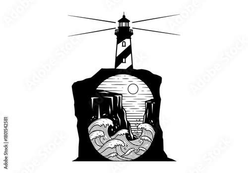 Monochrome lighthouse with waves and sun in bold tattoo art style