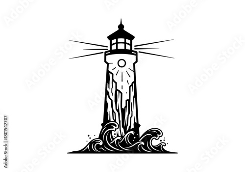 Black and white lighthouse silhouette with ocean waves