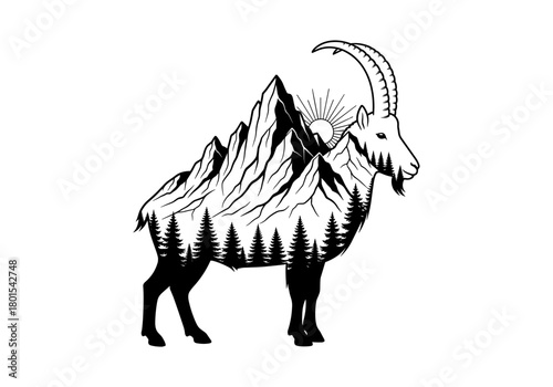 Mountain goat with majestic peaks and forest silhouette