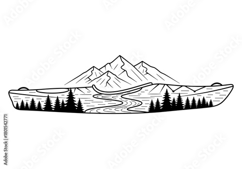 Mountain canoe adventure in black and white silhouette design