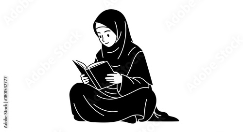 Illustration of muslim woman reading book wearing hijab in black and