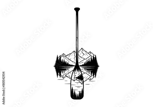 Mountain reflection and paddle artwork in black and white line art design