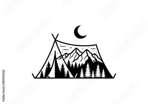 Monochrome tent design with mountain and forest silhouette under night sky