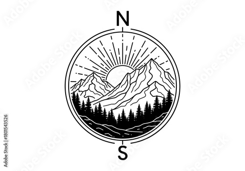 Vintage mountain compass emblem with sunburst and forest